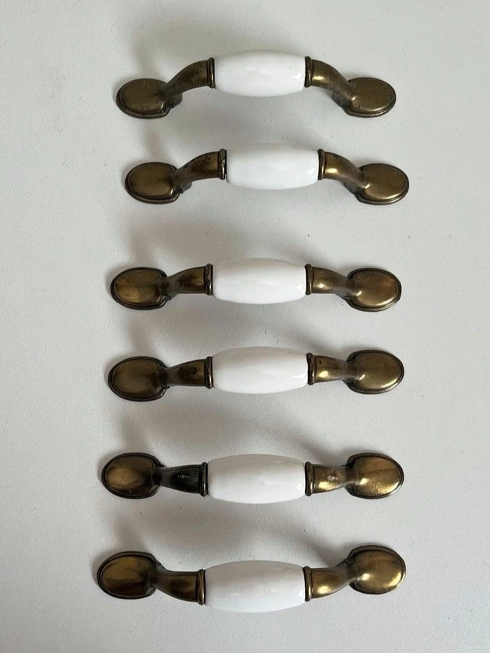 MCM Chic Brass & Porcelain Ceramic Drawer Pulls Vintage Handles 5” Set of 6